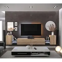 Furnitech Wohnwand Wohnzimmer - Wohnzimmer Möbel mit LED Blau - Hängend Wohnwand Modern - Wohnzimmer Schrankwand mit Regale und TV Schrank (AN103-21S-M5-1A)