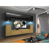 Furnitech Wohnwand Wohnzimmer - Wohnzimmer Möbel mit LED Blau - Hängend Wohnwand Modern - Regale und TV Schrank (Rodos AN43-17BD-HGM46 1A)