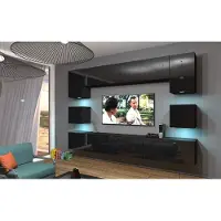 Furnitech Wohnwand Wohnzimmer | Schwarz Glänzend | Möbel ohne LED | Schrankwand mit Regale und TV Schrank - AN1