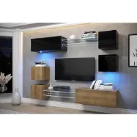 Furnitech Wohnwand Wohnzimmer - Wohnzimmer Möbel mit LED Blau - Hängend Wohnwand Modern - Regale und TV Schrank (AN65N-21BDZ-HGM10)