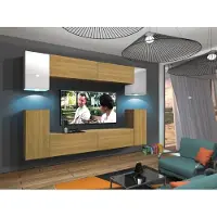 Furnitech Wohnwand Wohnzimmer - Wohnzimmer Möbel mit LED Weiß - Hängend Wohnwand Modern - Regale und TV Schrank (Rodos AN43-17WD-HGM54 1B)