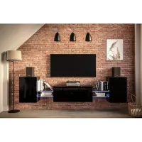 Furnitech Wohnwand Wohnzimmer - Wohnzimmer Möbel mit LED Blau - Hängend Wohnwand Modern - Regale und TV Schrank (AN93-21B-HG1-1B)