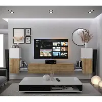 Furnitech Wohnwand Wohnzimmer - Wohnzimmer Möbel mit LED RGB - 16 Farben - Hängend Wohnwand Modern - Wohnzimmer Schrankwand mit Regale und TV Schrank (AN104-21WDZ-M11 1A)
