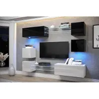 Furnitech Wohnwand Wohnzimmer | Wohnzimmer Möbel mit LED Blau | Hängend Wohnwand Modern | Wohnzimmer Schrankwand mit Regale und TV Schrank (AN65N-21BW-HG3)