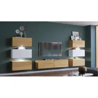 Furnitech Wohnwand Wohnzimmer - Wohnzimmer Möbel mit LED Weiß - Hängend Wohnwand Modern - Regale und TV Schrank (Henri AN72-19DW-HGM13-1A - 287cm)
