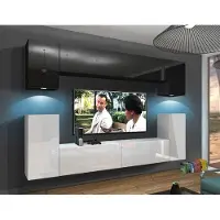 Furnitech Wohnwand Wohnzimmer - Wohnzimmer Möbel mit LED Blau - Hängend Wohnwand Modern - Regale und TV Schrank (Rodos AN43-17BW-HG28 1B)