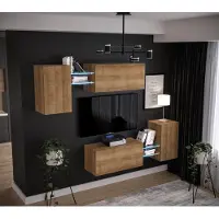 Furnitech Wohnwand Wohnzimmer | Wohnzimmer Möbel mit LED Weiß | Hängend Wohnwand Modern | Wohnzimmer Schrankwand mit Regale und TV Schrank (AN97-21DZ-M6 1C)