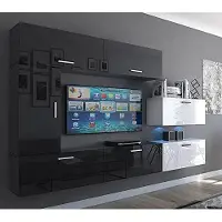 Furnitech Wohnwand Wohnzimmer - Wohnzimmer Möbel mit LED Blau - Hängend Wohnwand Modern - Regale und TV Schrank (Future C10/HG/BW4 1B)