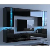 Furnitech Wohnwand Schwarz | Wohnzimmer Möbel mit LED Weiß | Hängend Wohnwand Modern | Wohnzimmer Schrankwand mit Regale und TV Schrank