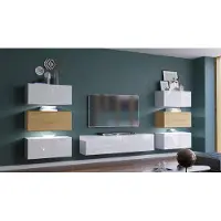 Furnitech Wohnwand Wohnzimmer - Wohnzimmer Möbel mit LED Blau - Hängend Wohnwand Modern - Regale und TV Schrank (Henri AN72-19WD-HGM6-1A - 287cm)