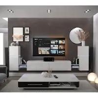 Furnitech Wohnwand Wohnzimmer - Wohnzimmer Möbel mit LED Blau - Hängend Wohnwand Modern - Regale und TV Schrank (AN104-21W-HG2-1B)