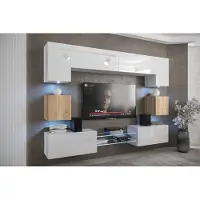 Furnitech Wohnwand Wohnzimmer - Wohnzimmer Möbel mit LED Blau - Hängend Wohnwand Modern - Wohnzimmer Schrankwand mit Regale und TV Schrank (Nowara ANX1-17WS-HGM-30-1A)