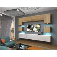 Furnitech Wohnwand Wohnzimmer - Wohnzimmer Möbel mit LED RGB - Hängend Wohnwand Modern - Wohnzimmer Schrankwand(Nowara AN1-17WS-HGM42 1A)
