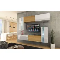 Furnitech Wohnwand Wohnzimmer - Wohnzimmer Möbel mit LED Weiß - Hängend Wohnwand Modern - Regale und TV Schrank (Future C30-HGM-WD-52 1B - 219cm)