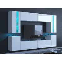 Furnitech Wohnwand Weiß | Wohnzimmer Möbel mit LED Blau | Hängend Wohnwand Modern | Wohnzimmer Schrankwand mit Regale und TV Schrank