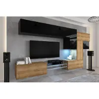 Furnitech Wohnwand Wohnzimmer - Wohnzimmer Möbel mit LED Blau - Hängend Wohnwand Modern - Regale und TV Schrank (AN92NEW-21BDZ-HGM24)