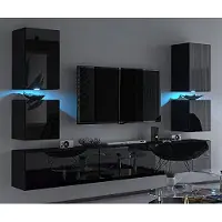 Furnitech Wohnwand Wohnzimmer - Wohnzimmer Möbel mit LED RGB - 16 Farben - Hängend Wohnwand Modern - Regale und TV Schrank (C75-HG-B1 1A Schwarz)