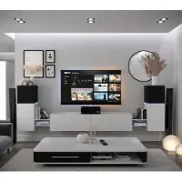 Furnitech Wohnwand Wohnzimmer - Wohnzimmer Möbel mit LED RGB - 16 Farben - Hängend Wohnwand Modern - Regale und TV Schrank (AN104-21BW-M5 1A)