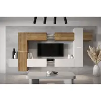 Furnitech Wohnwand Wohnzimmer - Wohnzimmer Möbel mit LED Weiß - Hängend Wohnwand Modern - Regale und TV Schrank (AN91NEW-21DZW-M15 MATT)