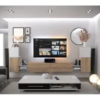 Furnitech Wohnwand Wohnzimmer - Wohnzimmer Möbel mit LED RGB - 16 Farben - Hängend Wohnwand Modern - Regale und TV Schrank (AN104-21WS-HGM8-1B)