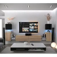 Furnitech Wohnwand Wohnzimmer - Wohnzimmer Möbel mit LED Blau - Hängend Wohnwand Modern - Regale und TV Schrank (AN105-21BS-HGM8 1C)