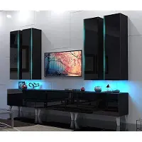 Furnitech Wohnwand Wohnzimmer - Hängend Wohnwand Modern - Regale und TV Schrank - Wohnzimmer Möbel ohne LED (Venus AN39-18HG-B1 GS4 Schwarz mit Füßen)