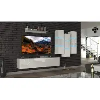 Furnitech Wohnwand Wohnzimmer - Wohnzimmer Möbel mit LED Blau - Hängend Wohnwand Modern - Regale und TV Schrank (Heaven AN45-18HG-W2 1A)