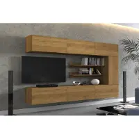 Furnitech Wohnwand 249 cm, Möbel-Set fürs Wohnzimmer, Eiche Gold, Moderne Schränke, Regale, Funktionalität, Modell AN142-1A