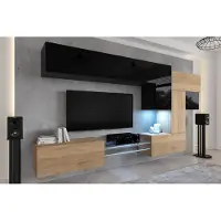 Furnitech Wohnwand Wohnzimmer - Wohnzimmer Möbel mit LED RGB - 16 Farben - Hängend Wohnwand Modern - Regale und TV Schrank (AN92NEW-21BS-HGM23)