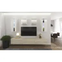 Furnitech Wohnwand Wohnzimmer - Wohnzimmer Möbel mit LED RGB - 16 Farben - Hängend Wohnwand Modern - Regale und TV Schrank (AN291-17WS-HGM32 1B Groß)