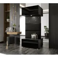 Furnitech GF77 Flur Dielenmöbel Garderobenschrank Dielenschrank Schuhschrank Flurmöbel Set Spiegel Hochglanz (LED blau, GF77-21B-HG1 Schwarz)