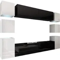 Furnitech Wohnwand Wohnzimmer | Wohnzimmer Möbel mit LED RGB - 16 Farben | Hängend Wohnwand Modern | Wohnzimmer Schrankwand mit Regale und TV Schrank (Future 14/HG/BW/7 1A | 256 cm)