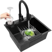 Selius Spülbecken für die Küche, schwarzes Spülbecken mit ausziehbarer Armatur - 45 cm, Edelstahl - Einbecken