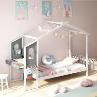 Selius Kinderbett – Jugendbett – Bett mit Schreibtisch – Bett mit Schubladen – 90x200 cm – Holzrahmen – Weiß mit Grau