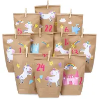 OCreon Adventskalender-Set aus Kraftpapier – Einhorn-Motive zum Aufkleben – Mit 24 braunen Papierbeuteln zum Selbstbefüllen – DIY – Weihnachten 2021