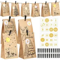 OCreon Adventskalender zum Befüllen 2025-24: Braune Papiertüten mit Zahlenaufklebern 1-24 und Holzklammern - Adventskalender