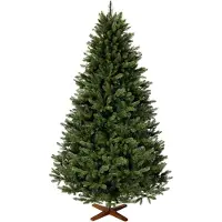 FairyTrees Weihnachtsbaum künstlich, Nordmanntanne Premium 220 cm, Naturgetreue Spritzguss Elemente, EU, Künstlicher Weihnachtsbaum mit handgefertigtem Ständer aus Eschenholz