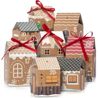 OCreon DIY-Adventskalender zum Befüllen, 24 Adventskalender-Häuschen mit Zahlaufklebern, Bändern und Etiketten