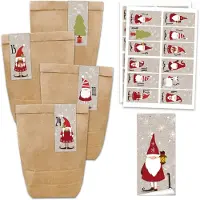 OCreon Adventskalender-Set – 24 braune Papiertüten und 24 quadratische Aufkleber mit Weihnachtsmotiven – DIY-Set zum Selbstbefüllen – Mini-Set Nr. 62 – Weihnachten 2021