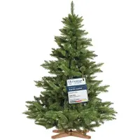 FairyTrees Weihnachtsbaum künstlich 150cm NORDMANNTANNE mit Christbaum Holzständer | Tannenbaum künstlich mit grünem Stamm | EU