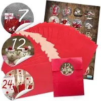 OCreon Rote Adventskalender-Säckchen, 9-5 x 14 cm, inklusive runder Foto-Aufkleber – Zahlen-Aufkleber von 1 bis 24 zum Befüllen