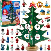 OCreon Adventskalender für Weihnachten mit Countdown für 24 Tage – Mit einem Holz-Weihnachtsbaum zum Aufstellen und 28 Dekorationen – Schneemann – Weihnachtsmann