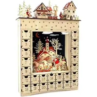 OCreon Adventskalender "Winterdroom" aus Holz – Mit Holzschnitzarbeiten und Beleuchtung – ca. 34 x 7-5 x 52 cm