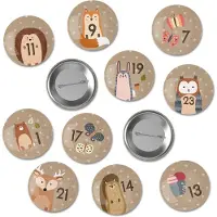 OCreon Papierdrachen 24 Adventskalender-Ziffernknöpfe 35 mm - Sicherheitsnadeln zur Dekoration von Adventskalendern - Mit Ziffern von 1-24 - Waldtiere