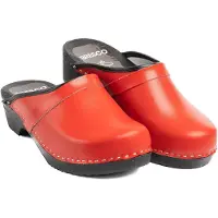 Bresco Damen-Holzclogs aus rotem Folienmaterial mit Riemen – Bequeme Holzpantoletten mit niedrigem Absatz 36