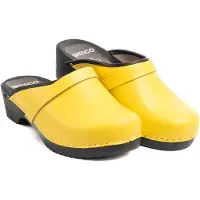 Bresco Damen-Holzclogs aus gelbem Folienmaterial mit Riemen – Bequeme Holzpantoletten mit niedrigem Absatz 36