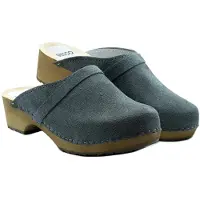 Bresco Damen-Holzclogs aus grauem Veloursleder mit Riemen – Bequeme Holzpantoletten mit niedrigem Absatz 40