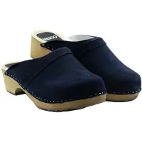 Bresco Damen-Holzclogs aus dunkelblauem Veloursleder mit Riemen – Bequeme Holzpantoletten mit niedrigem Absatz 36