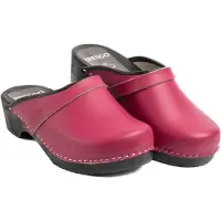 Bresco Damen-Holzclogs aus Echtleder in Himbeerrosa mit Riemen – Bequeme Holzpantoletten mit niedrigem Absatz 37