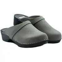 Bresco Damen-Holzclogs aus grauem Echtleder-Nubuk mit Riemen – Bequeme Holzpantoletten mit niedrigem Absatz 37